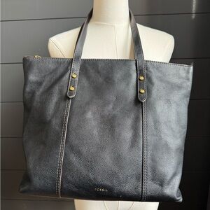 Fossil Jenna Charcoal Black Leather Shoulder Tote Bag